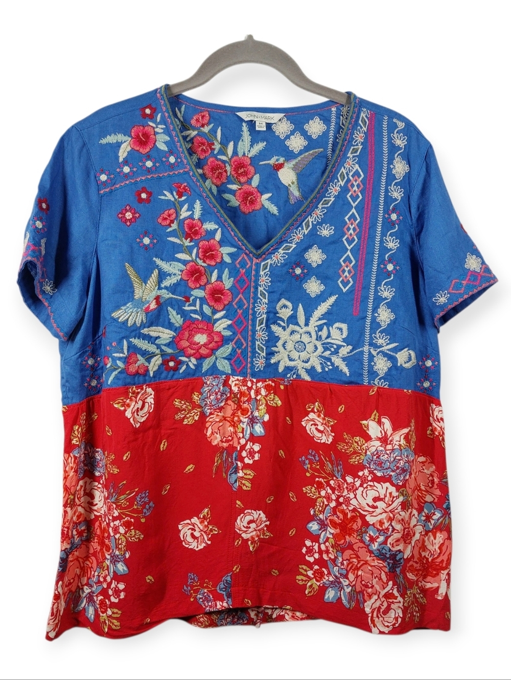 John Mark Embroidered Linen Boho Top Size Medium Artsy Floral Birds